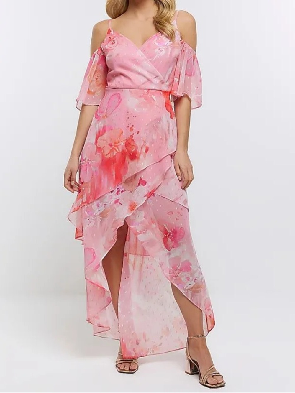 River Island Pink Floral High-Low Cold-Shoulder Maxi Dress